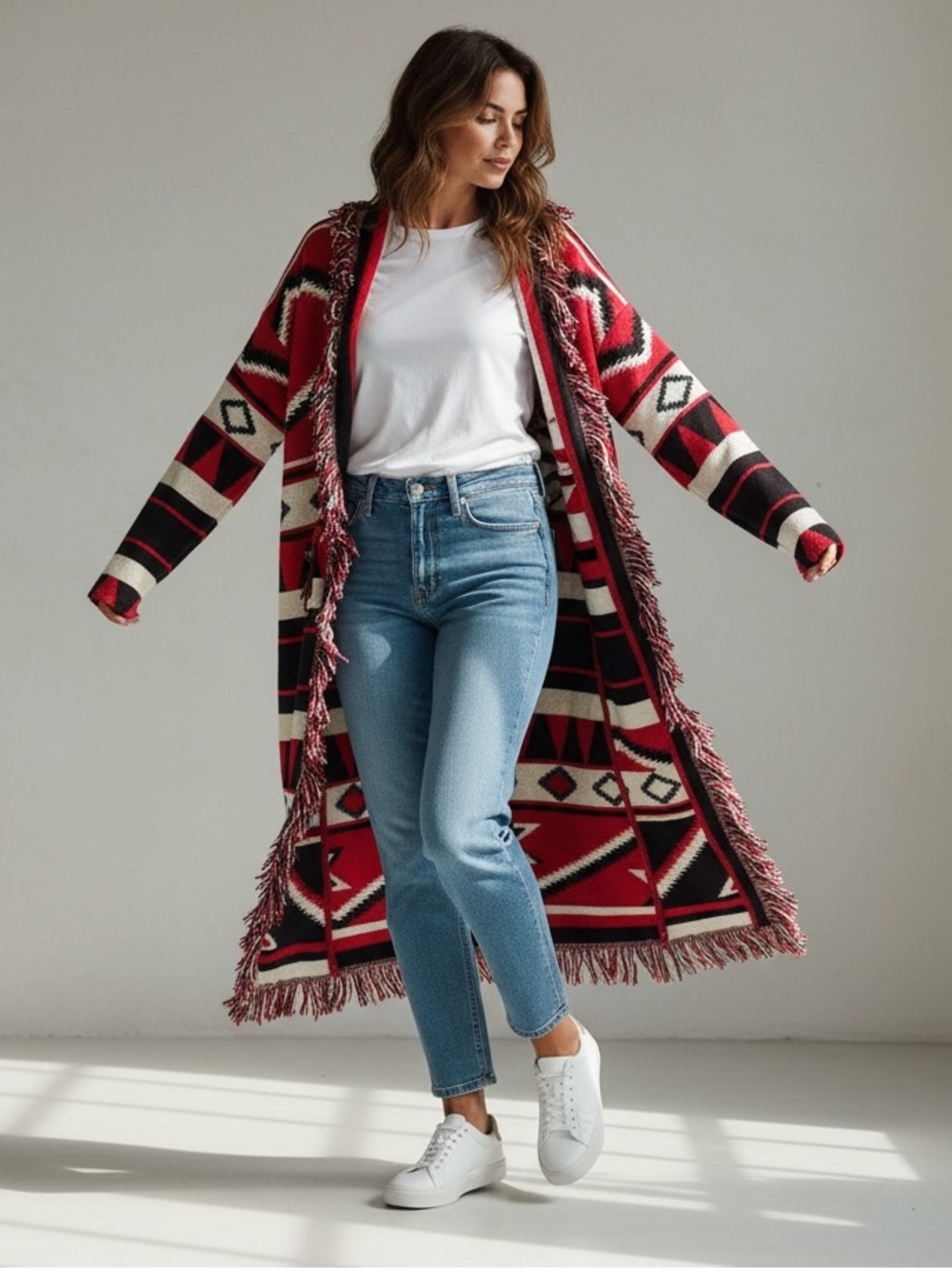 Vintage E Clair 90s Red Aztec Fringe Long Cardigan